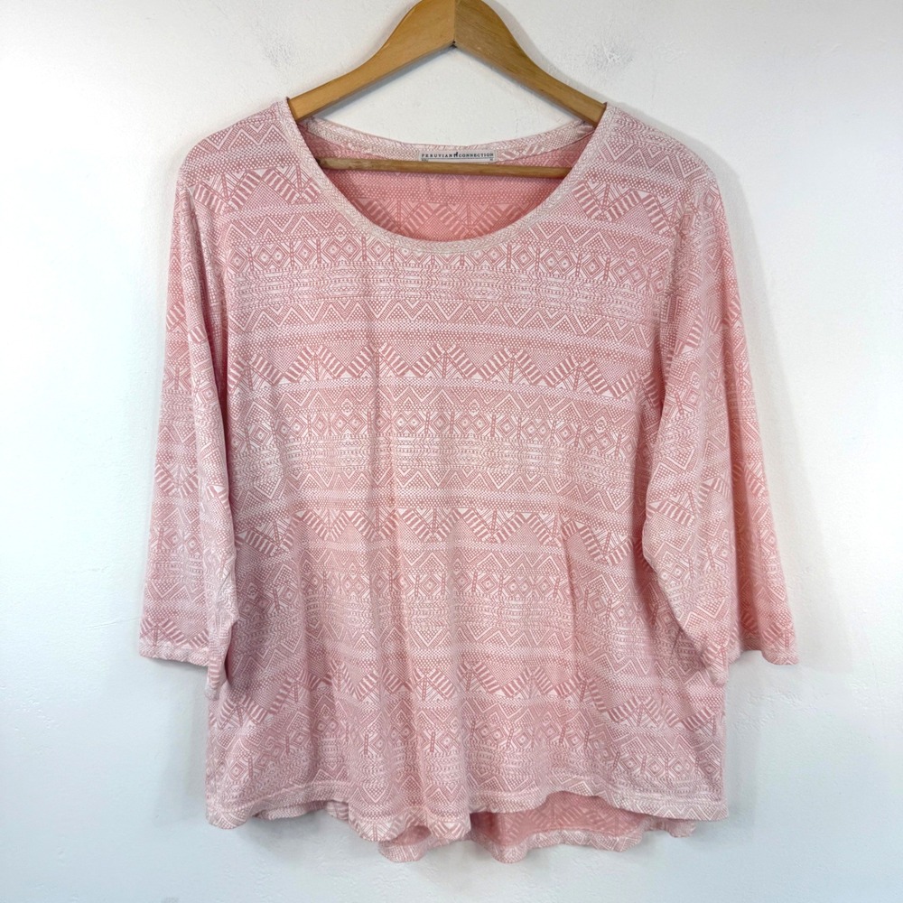 Peruvian Connection Pima Cotton Top XL Pink Geometric Boho 3/4 Sleeve Peru Boho